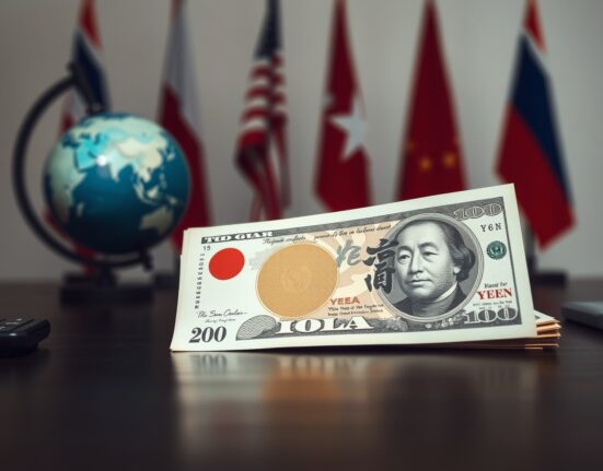 Japanese yen banknote and US dollars on desk representing forex market reaction to geopolitical news