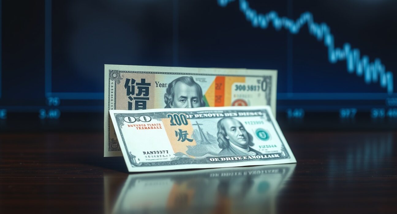 Japanese Yen and US Dollar banknotes on a desk with a financial chart in the background