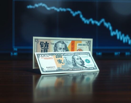 Japanese Yen and US Dollar banknotes on a desk with a financial chart in the background