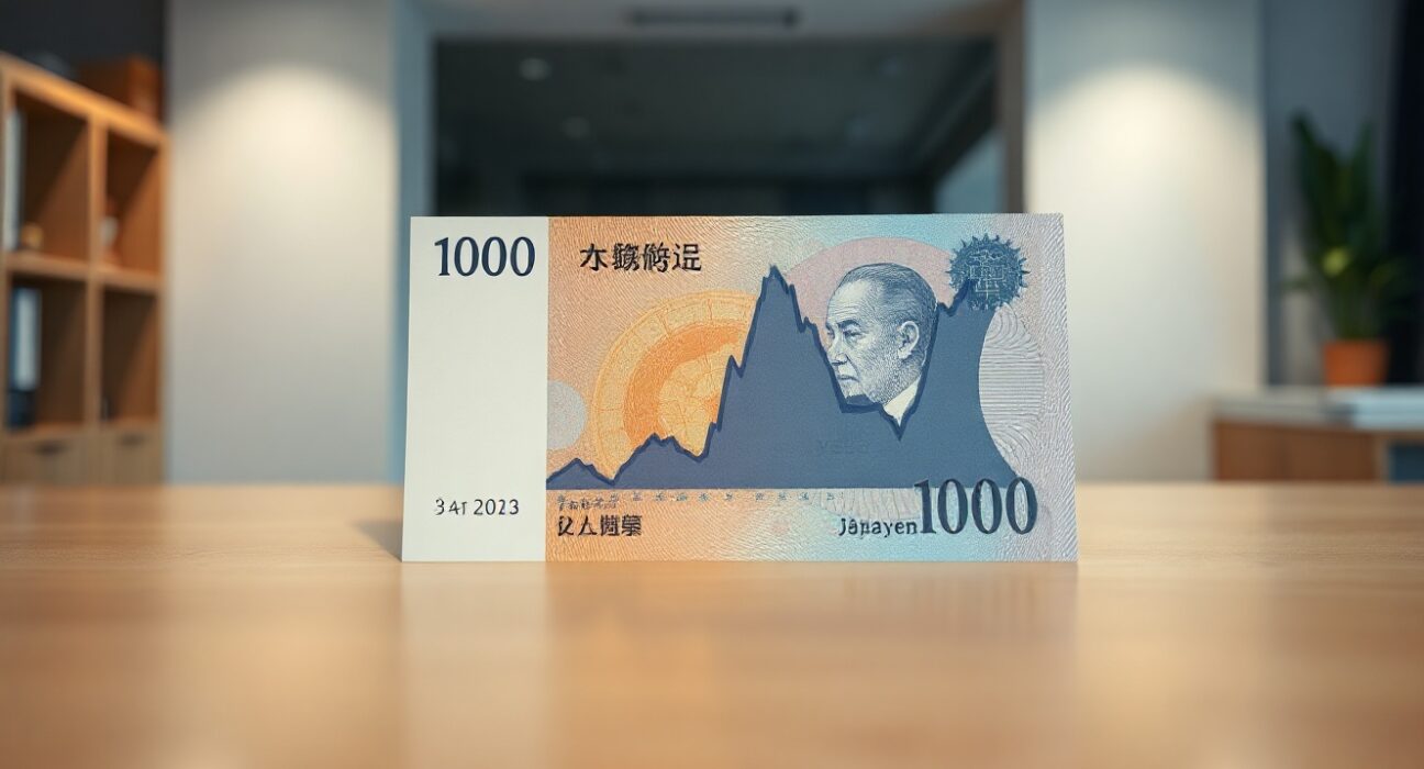 Japanese yen banknote with financial chart overlay in a professional office setting.