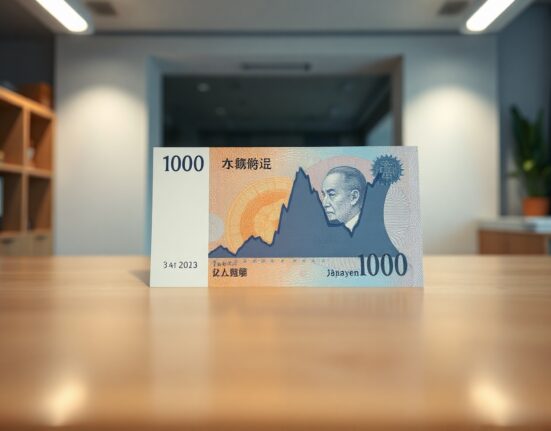 Japanese yen banknote with financial chart overlay in a professional office setting.
