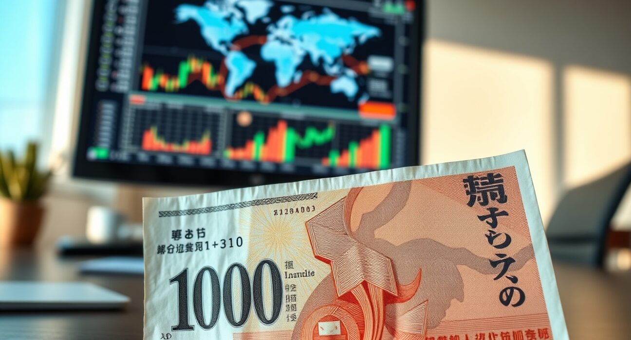 Japanese yen banknote in focus with financial charts in the background, representing currency market analysis.