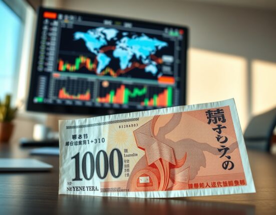 Japanese yen banknote in focus with financial charts in the background, representing currency market analysis.