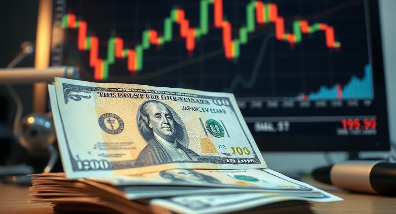 Japanese Yen and US Dollar banknotes with a financial chart in the background
