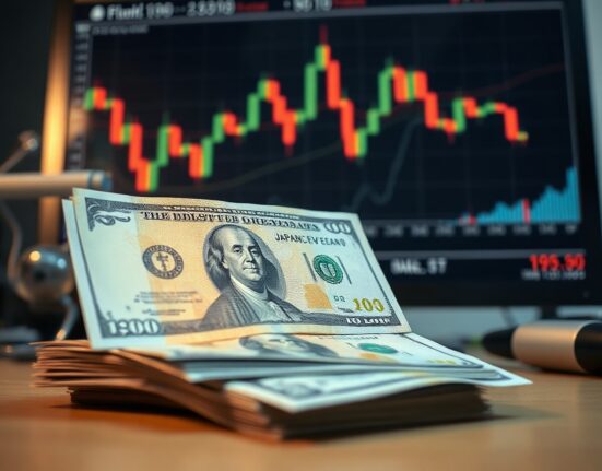 Japanese Yen and US Dollar banknotes with a financial chart in the background