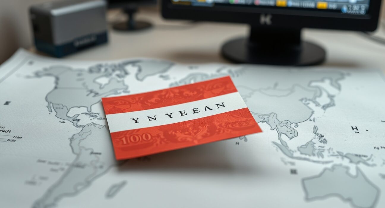 Japanese Yen banknotes as a safe-haven asset during the Iran conflict, overlaid on a world map.