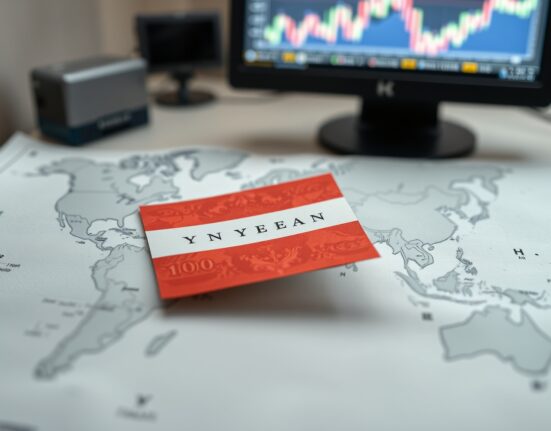 Japanese Yen banknotes as a safe-haven asset during the Iran conflict, overlaid on a world map.