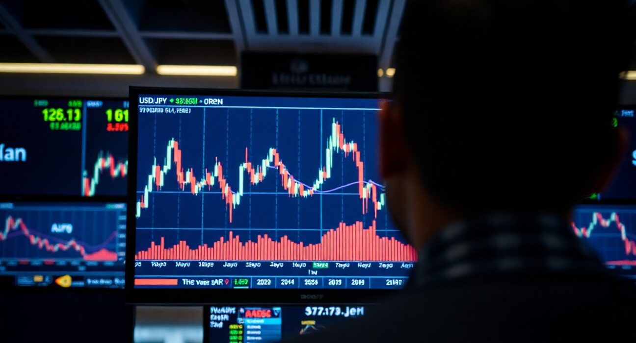 A trader's screen showing a USD/JPY chart with the Japanese Yen strengthening.
