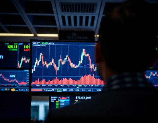A trader's screen showing a USD/JPY chart with the Japanese Yen strengthening.