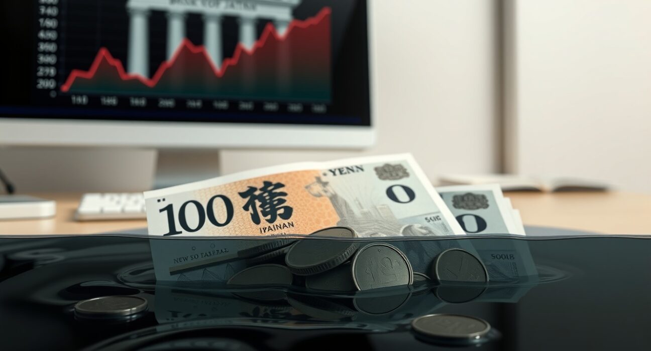 Japanese Yen banknotes and coins partially submerged in oil, symbolizing the yen shock's greater inflation impact than oil shock, per BoJ report.