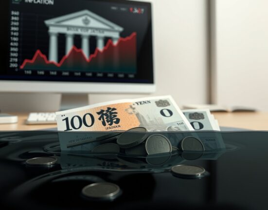 Japanese Yen banknotes and coins partially submerged in oil, symbolizing the yen shock's greater inflation impact than oil shock, per BoJ report.