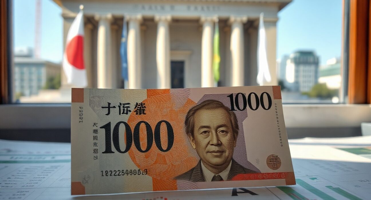 Japanese Yen banknote on financial chart with Bank of Japan building in background, representing forex positioning analysis.
