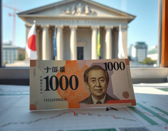 Japanese Yen banknote on financial chart with Bank of Japan building in background, representing forex positioning analysis.