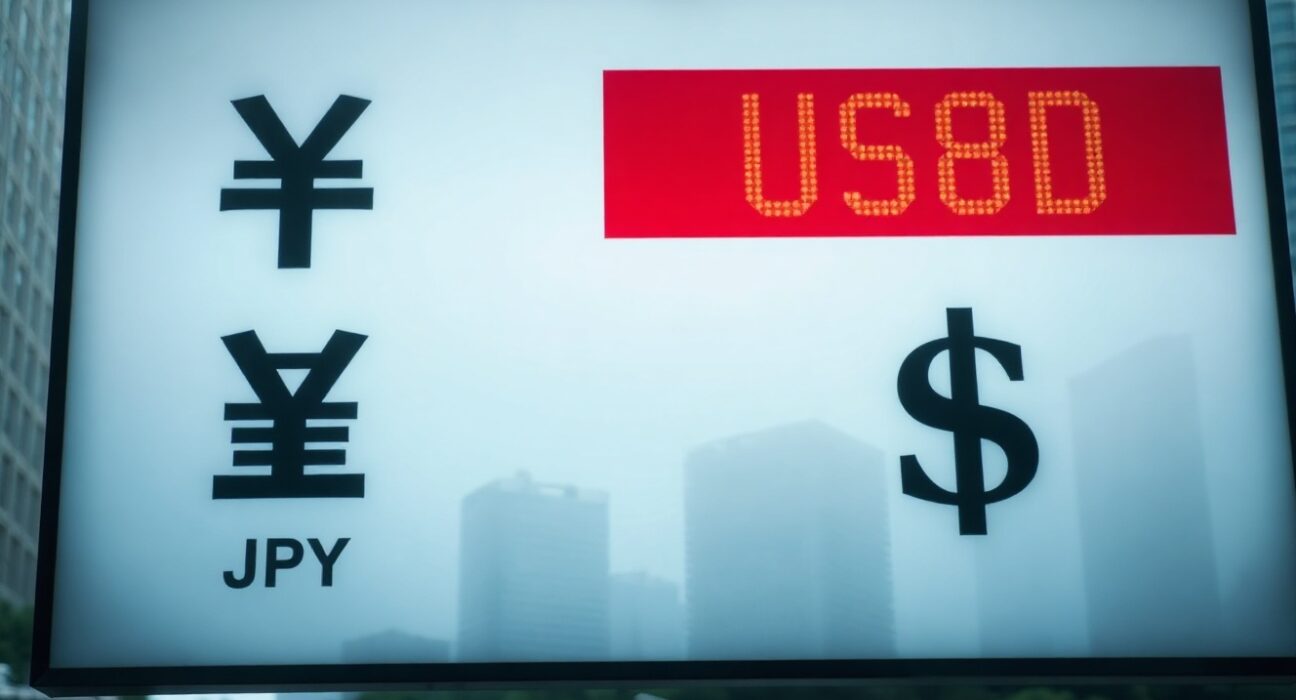 Currency exchange board showing Japanese Yen and US Dollar symbols in a financial district.