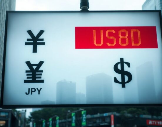 Currency exchange board showing Japanese Yen and US Dollar symbols in a financial district.