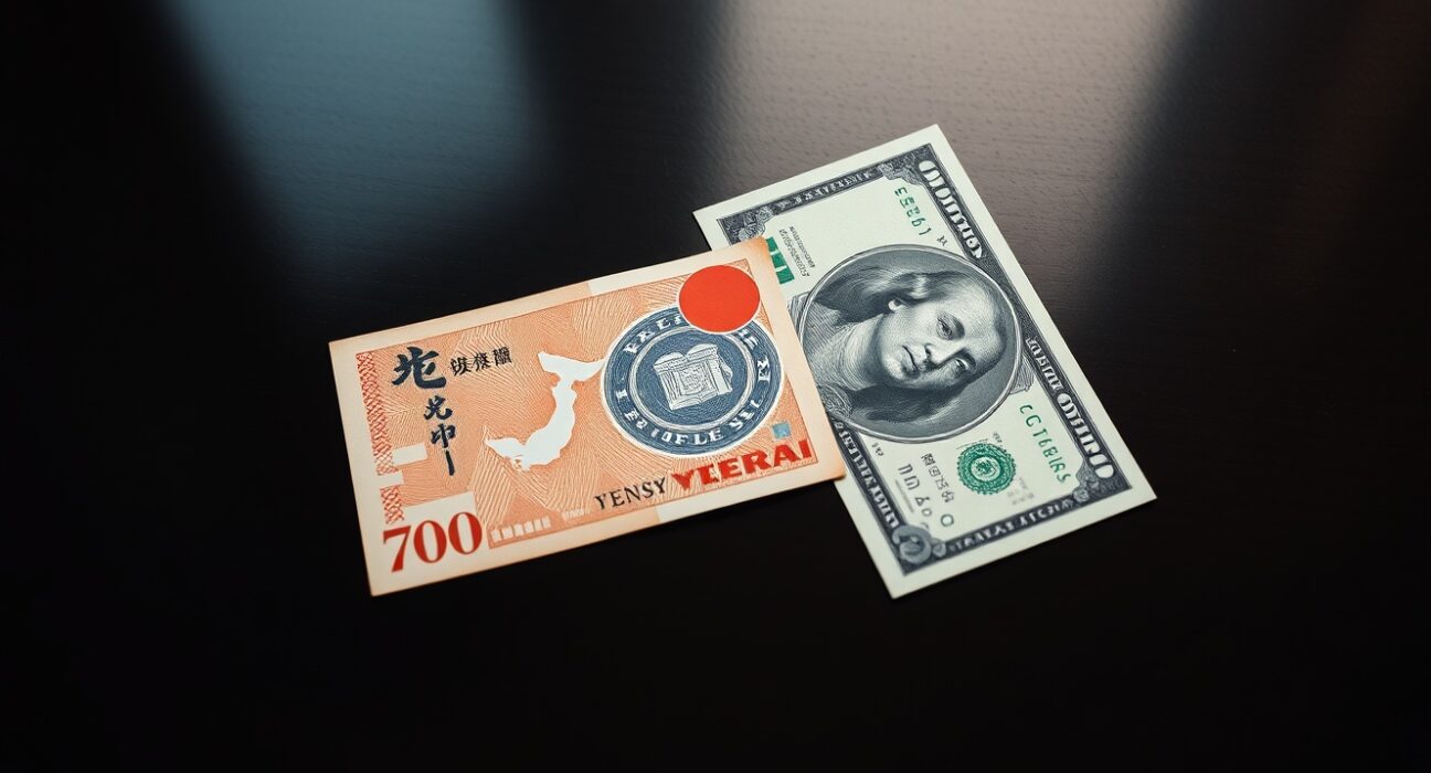 Japanese Yen and US Dollar banknotes on a trading desk representing currency market analysis.