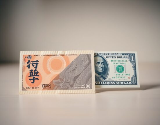 Japanese Yen and US Dollar banknotes on a desk, illustrating forex market sideways movement.