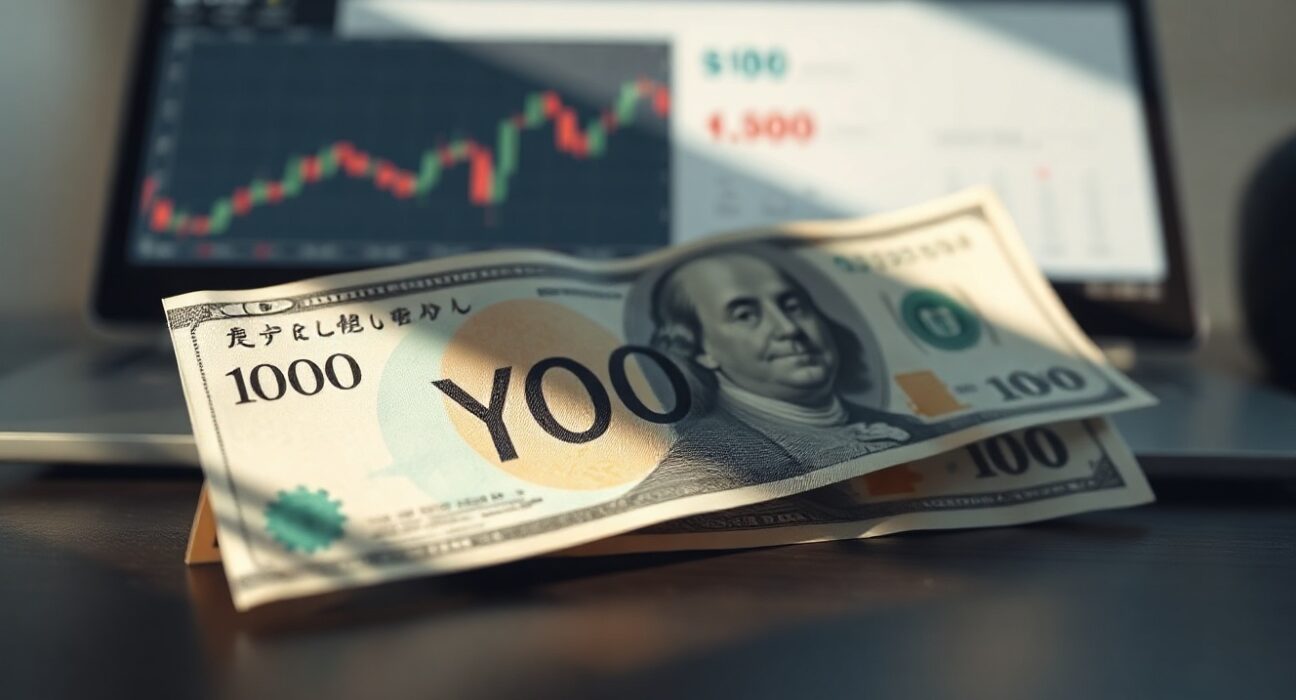 Japanese Yen and US Dollar banknotes on a desk with a blurred trading screen in the background