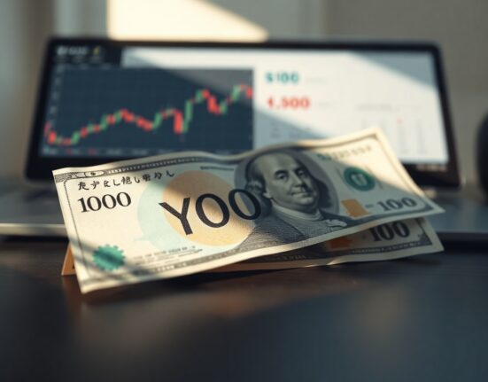Japanese Yen and US Dollar banknotes on a desk with a blurred trading screen in the background