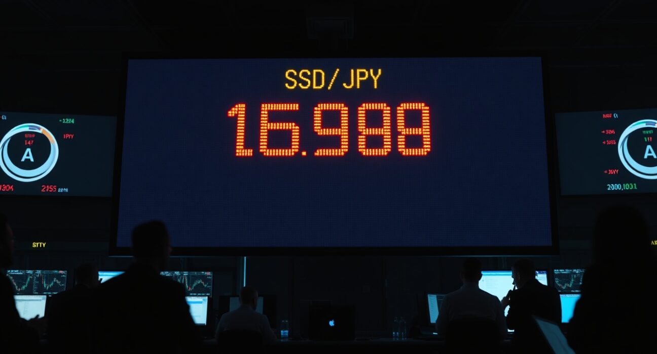 Digital forex board showing USD/JPY exchange rate at 159.00 on a trading floor