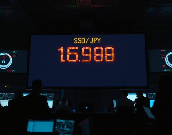Digital forex board showing USD/JPY exchange rate at 159.00 on a trading floor