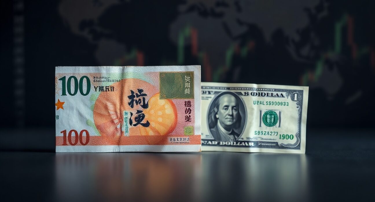 Japanese yen and US dollar banknotes on a dark surface, representing forex market dynamics.