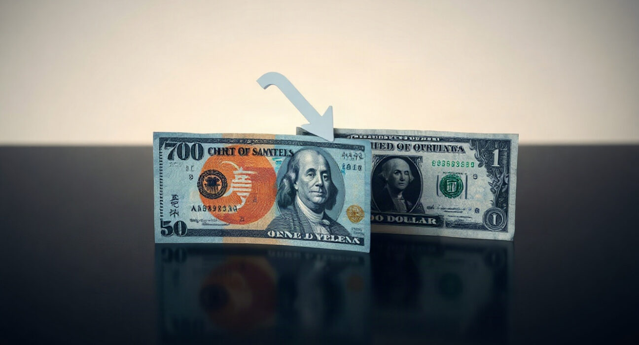 Japanese yen and US dollar banknotes arranged on a reflective surface, with yen slightly lower, symbolizing depreciation