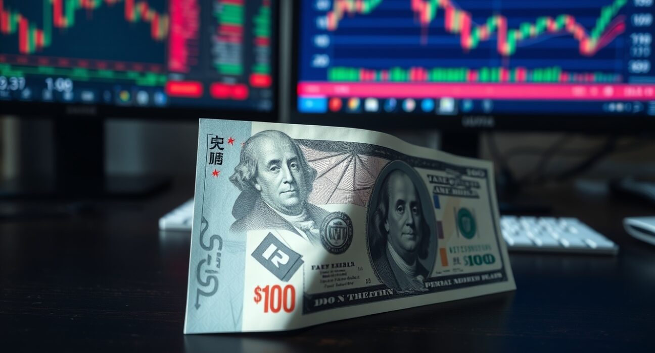 Japanese yen and US dollar banknotes on desk with financial charts in background