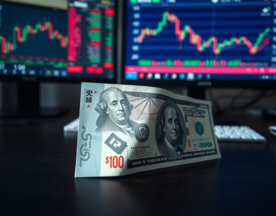 Japanese yen and US dollar banknotes on desk with financial charts in background