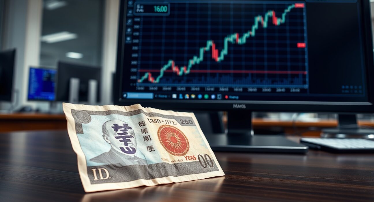 Japanese Yen banknote next to USD/JPY forex chart showing surge toward 160.00 mark