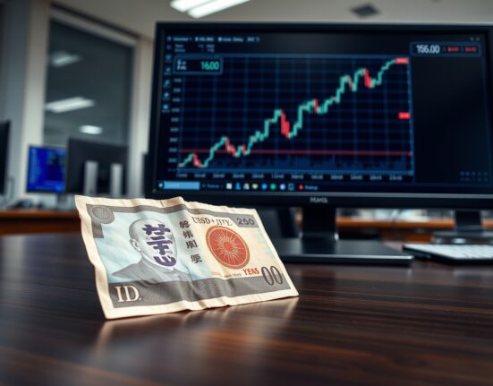 Japanese Yen banknote next to USD/JPY forex chart showing surge toward 160.00 mark