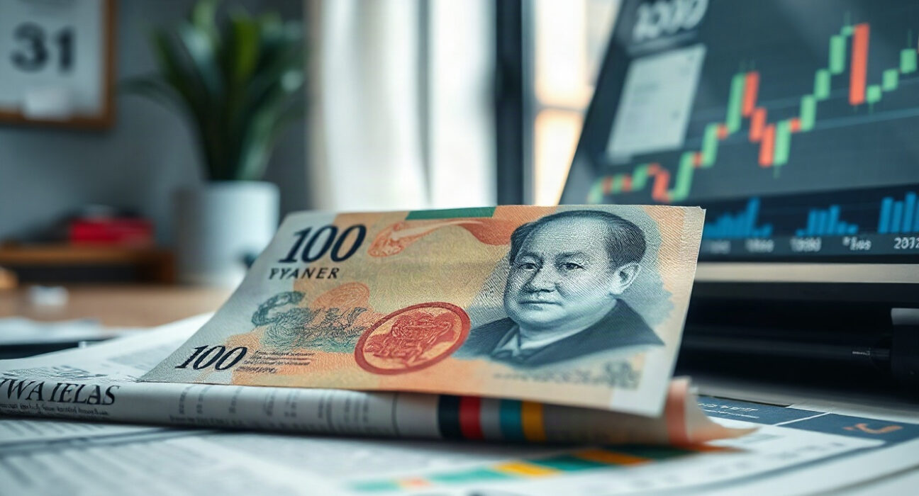 Japanese yen banknote with financial charts in background, representing currency market movements