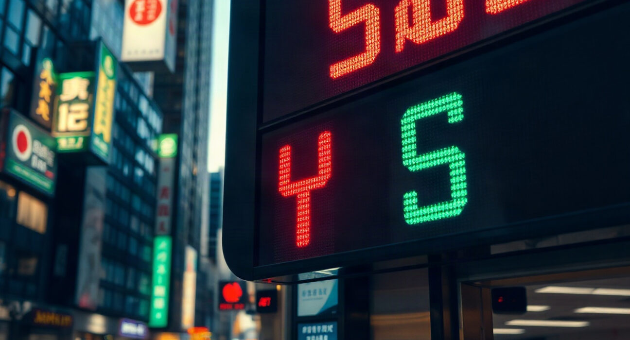 Currency exchange board showing Yen and Dollar rates in a financial district