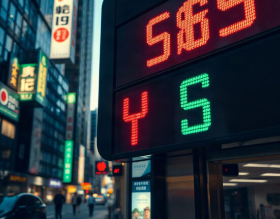 Currency exchange board showing Yen and Dollar rates in a financial district