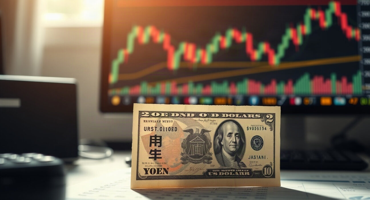 Japanese Yen and US Dollar banknotes on a financial desk with a market chart in the background