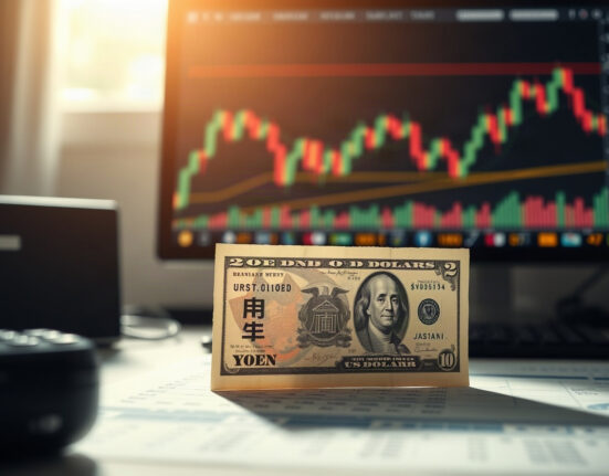 Japanese Yen and US Dollar banknotes on a financial desk with a market chart in the background