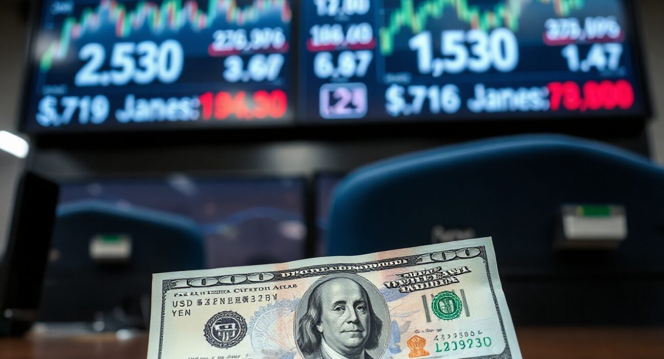 USD/JPY exchange rate chart on a trading screen with yen and dollar banknotes in foreground