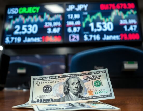USD/JPY exchange rate chart on a trading screen with yen and dollar banknotes in foreground
