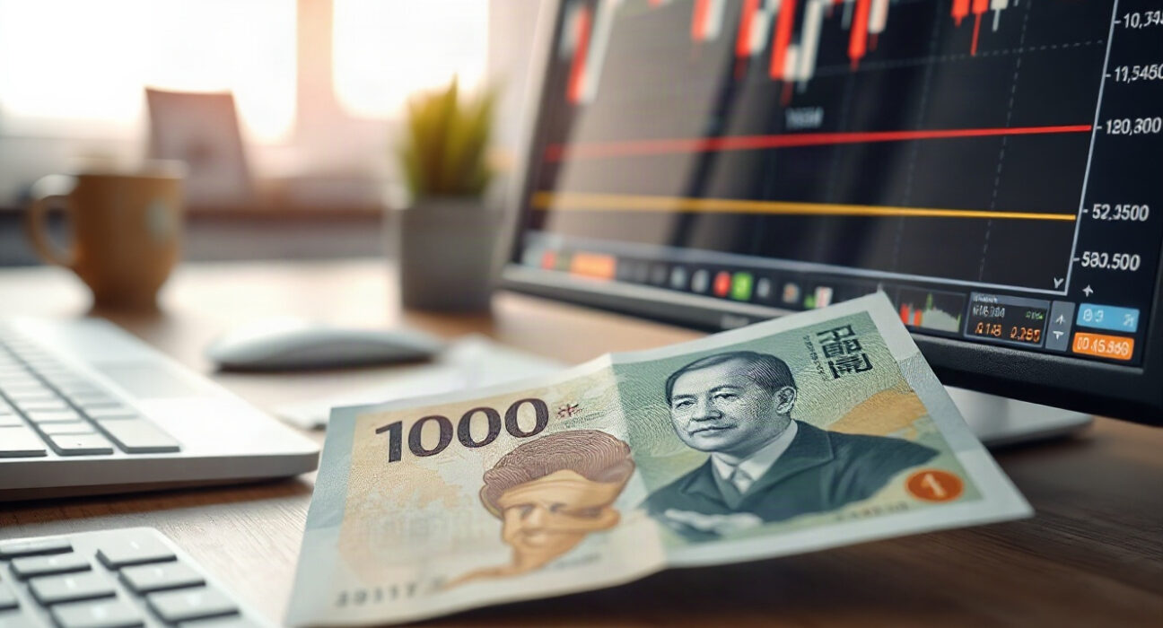 Japanese yen banknotes and a declining forex chart on a trading desk