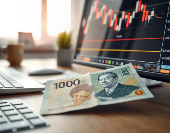 Japanese yen banknotes and a declining forex chart on a trading desk