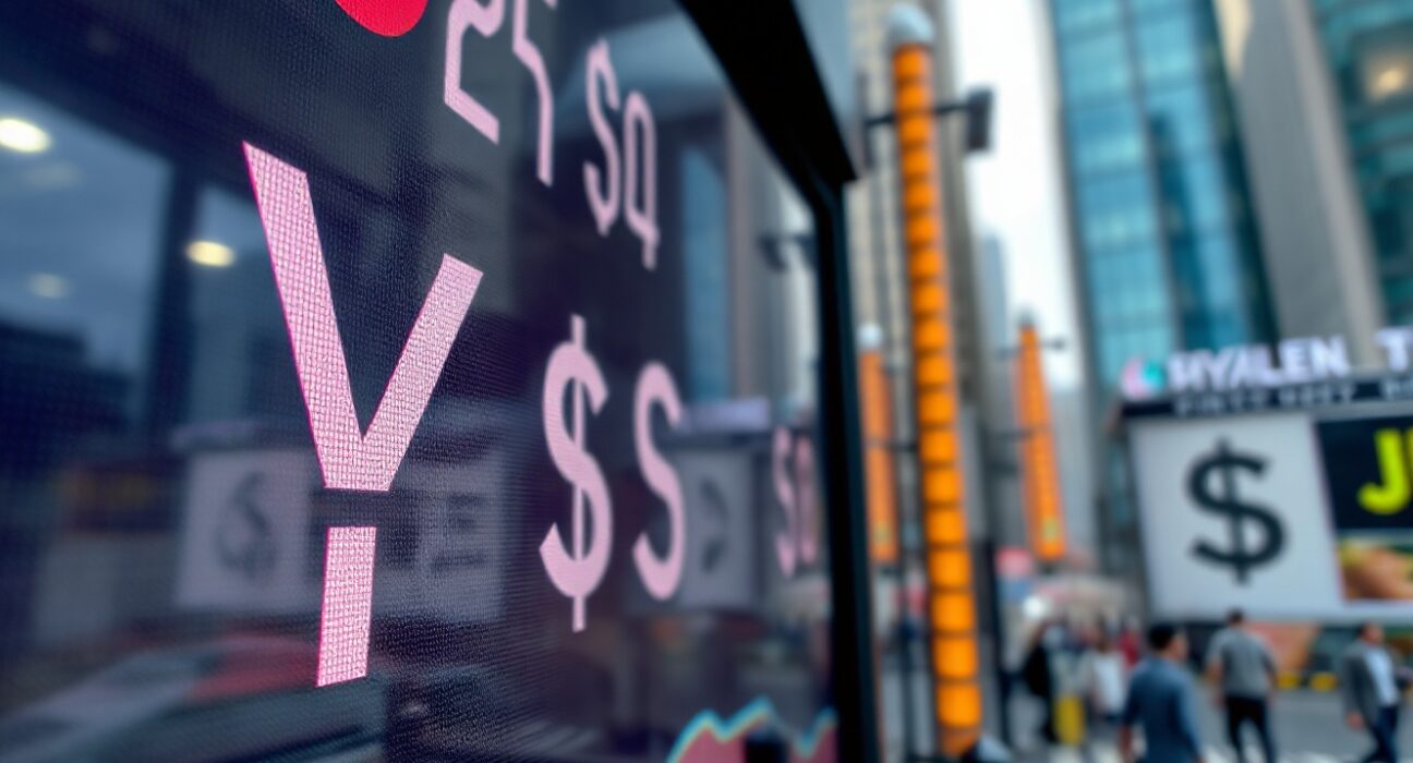 Digital currency exchange board showing yen and dollar symbols in a financial district