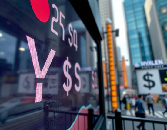 Digital currency exchange board showing yen and dollar symbols in a financial district