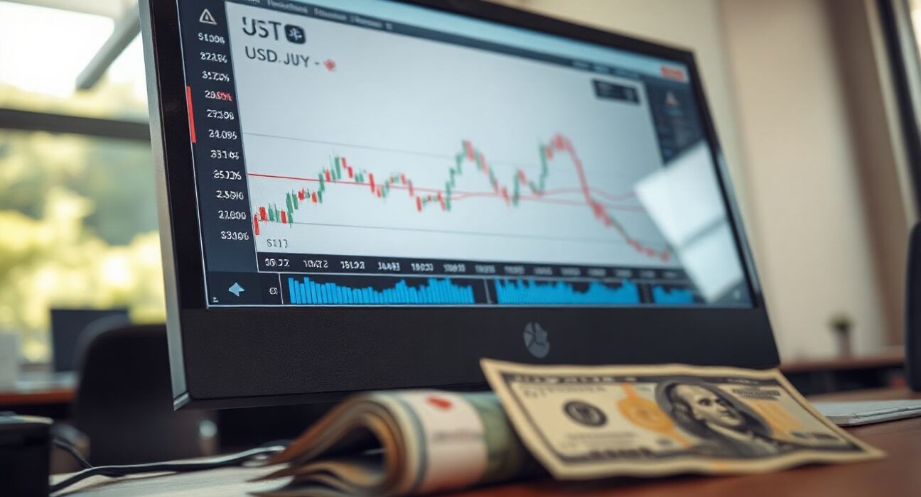 Close-up of a forex trading screen showing USD/JPY chart with Japanese Yen and US Dollar notes nearby.