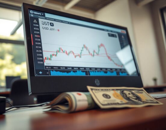 Close-up of a forex trading screen showing USD/JPY chart with Japanese Yen and US Dollar notes nearby.