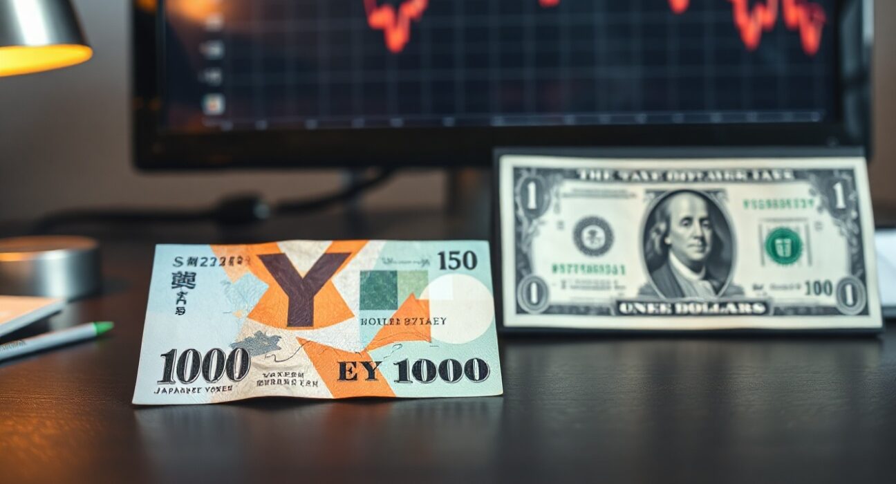 Japanese yen and US dollar banknotes on a desk with a financial chart in the background