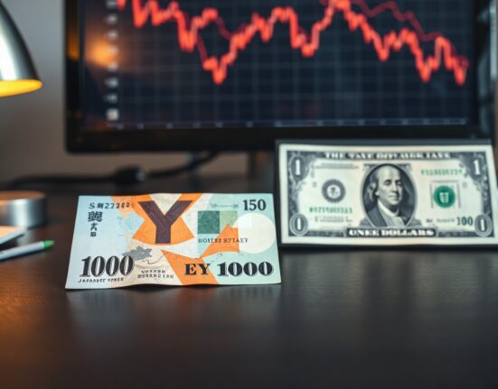 Japanese yen and US dollar banknotes on a desk with a financial chart in the background