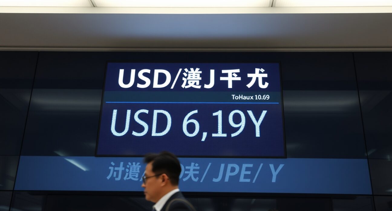 Currency exchange board in Tokyo showing USD/JPY rate at historic low