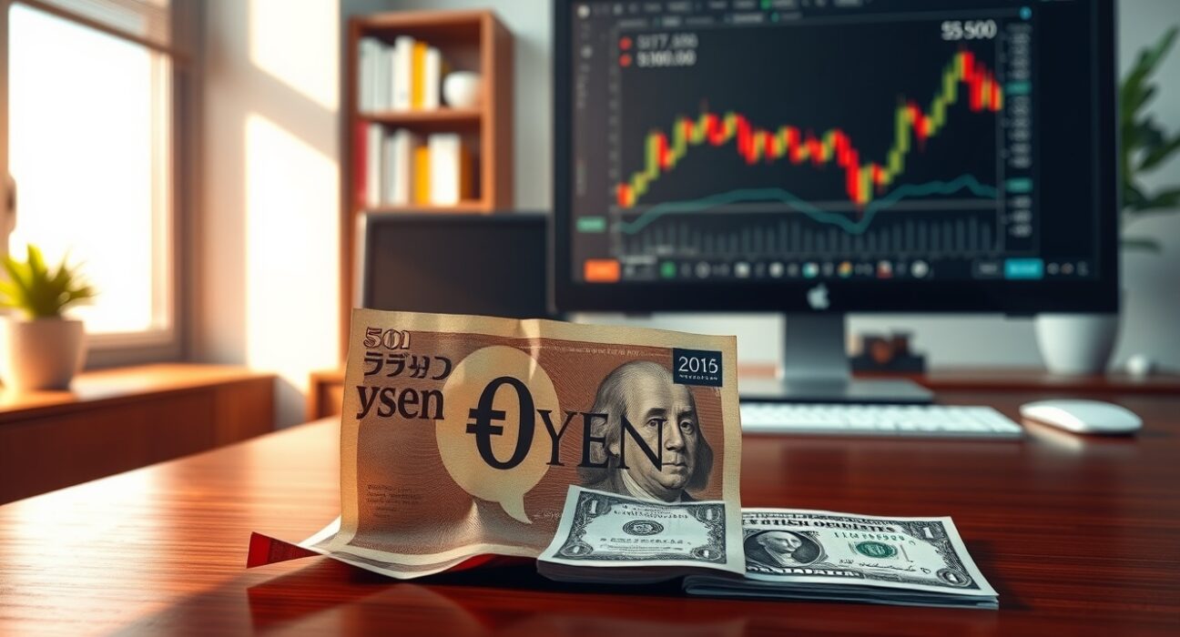 Japanese yen and US dollar banknotes on a desk with a forex chart in background, representing currency intervention and market analysis.