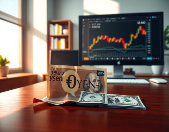 Japanese yen and US dollar banknotes on a desk with a forex chart in background, representing currency intervention and market analysis.