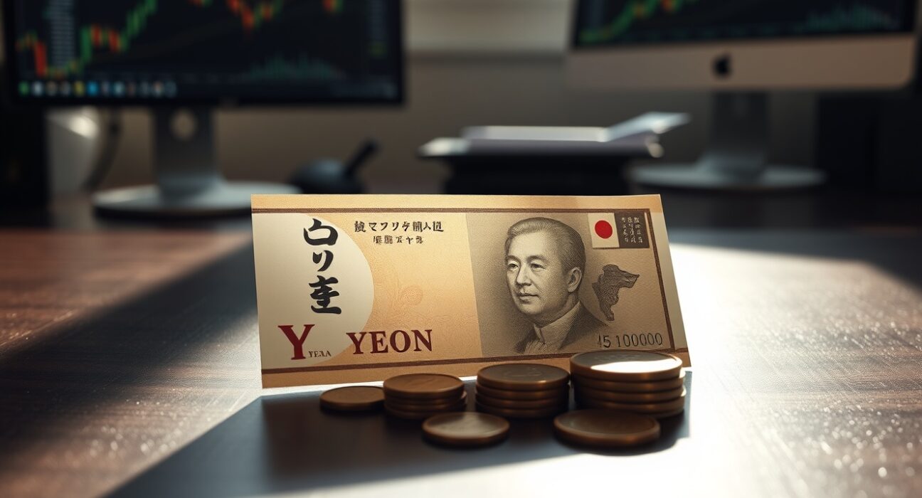 Japanese yen banknotes and coins on a desk with a financial chart in the background.